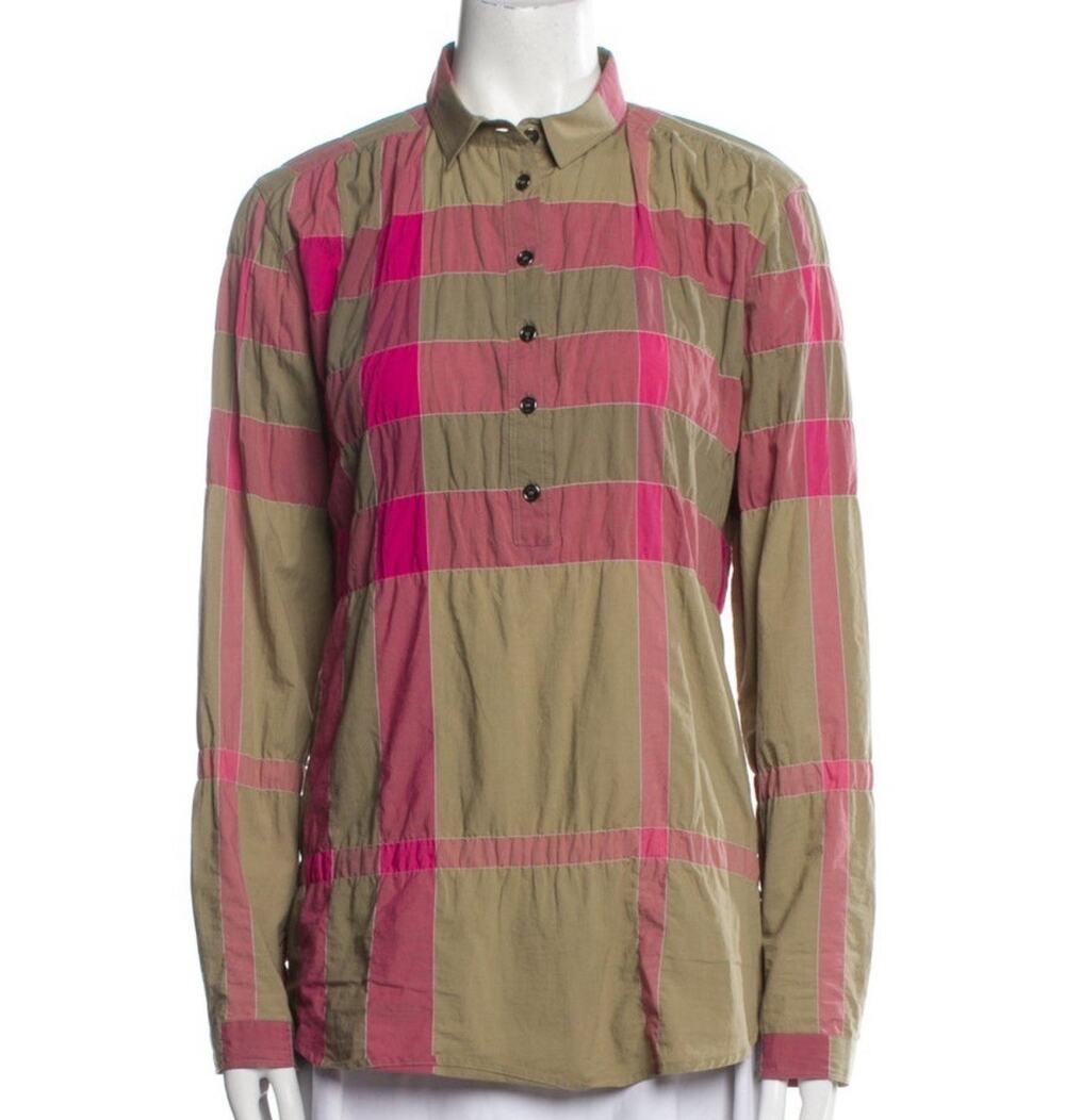 Burberry Brit Women’s Shirt Pink Beige Tan Plaid Check Size Small